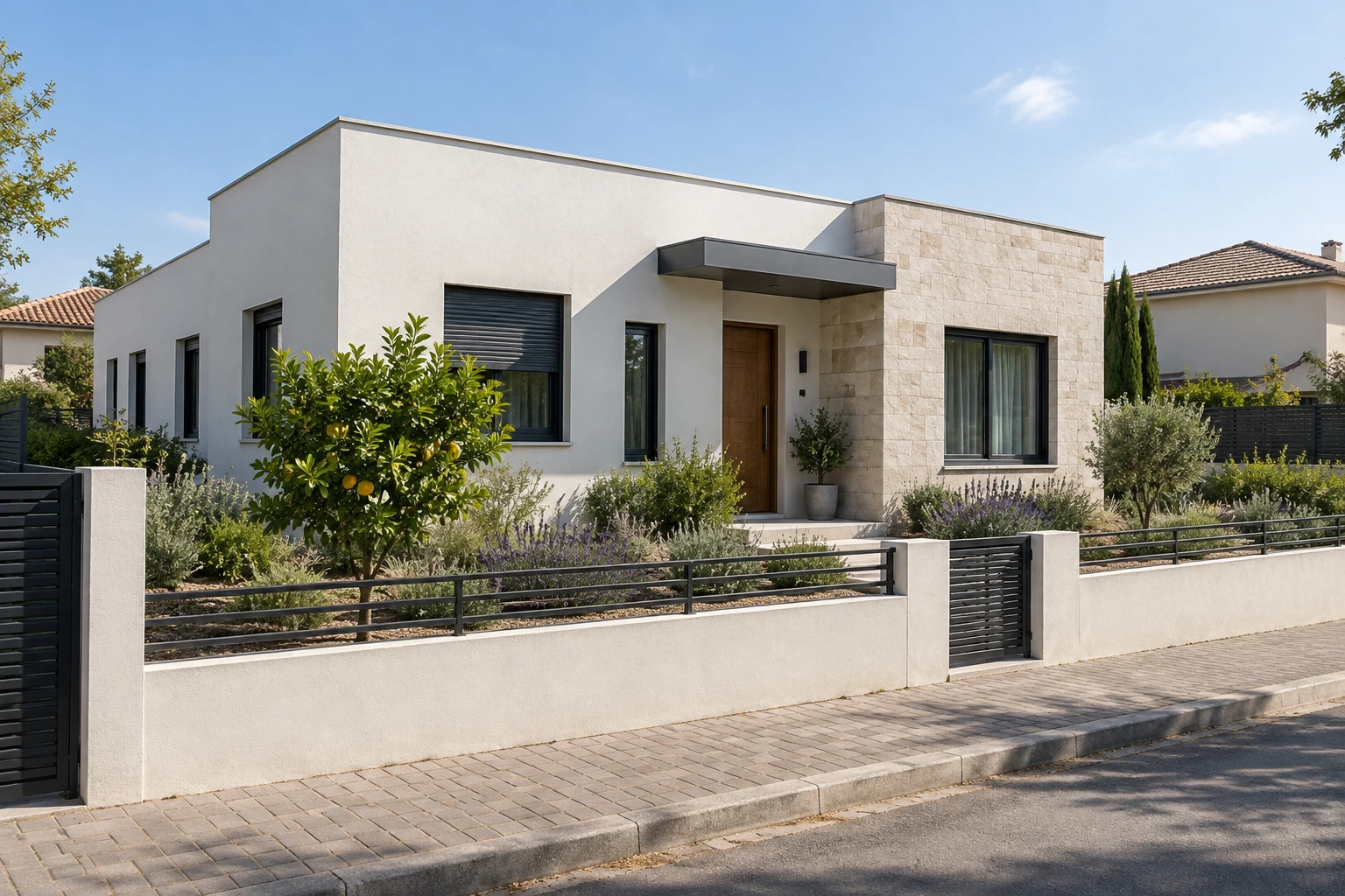 הדמיית בית חד־קומתי עם גינה קטנה וכניסה מוצלת